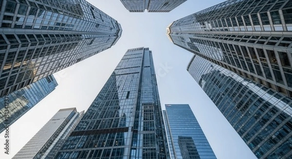 Fototapeta Low-Angle View of Modern Skyscrapers Reaching Towards a Clear Blue Sky