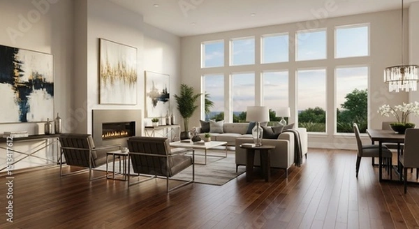 Fototapeta Luxurious Modern Living Room with Fireplace, Large Windows, and Artwork.