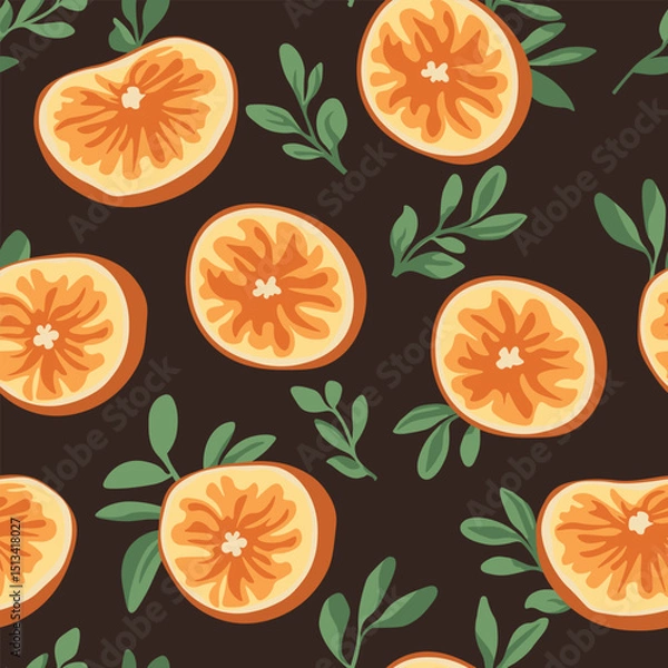Fototapeta Summer print with oranges. Vector pattern with cut oranges and orange tree branches. Juicy fruits. Vector citrus on a dark brown background. For children, wallpaper, textiles.