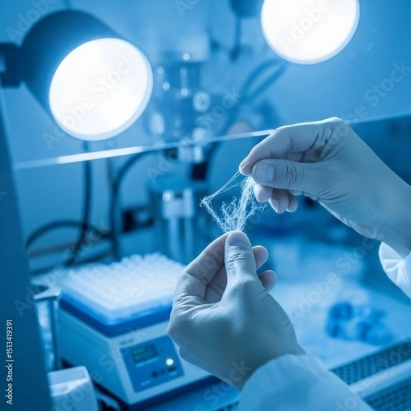 Fototapeta Scientist's Hands Examining a Delicate Fiber Sample in Laboratory Setting