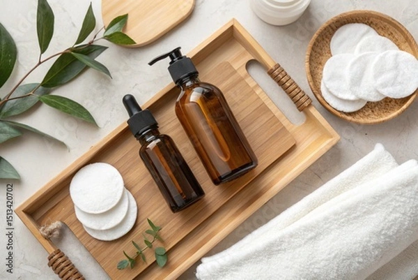Fototapeta Bathroom counter flatlay: amber glass skincare bottles, cotton pads, bamboo tray, and a minimalist towel. Neutral tones, spa-like feel.