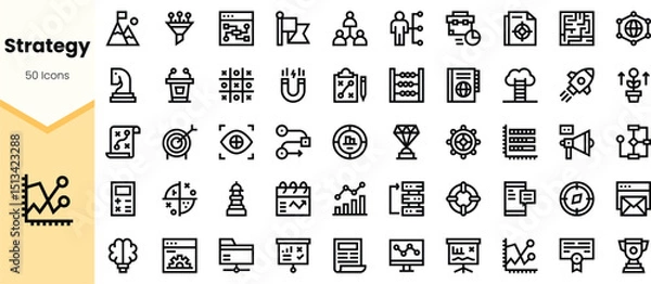 Fototapeta A collection of various black line icons representing strategy concepts, including charts, puzzles, and teamwork elements, on a light background.