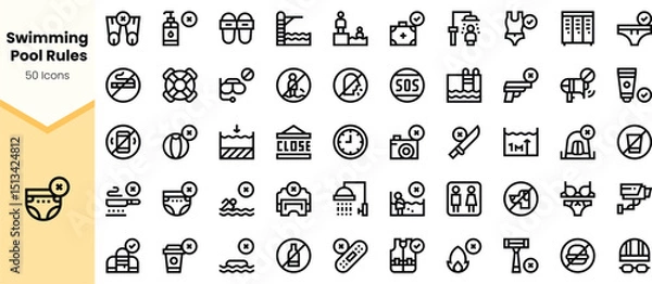 Fototapeta A collection of black icons illustrating swimming pool rules, featuring various safety, activity, and maintenance symbols.