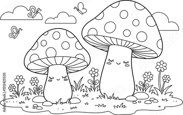Fototapeta Whimsical Mushroom Meadow that captures the playful and serene scene featuring adorable, smiling mushrooms, butterflies, and blooming flowers in a cheerful landscape.