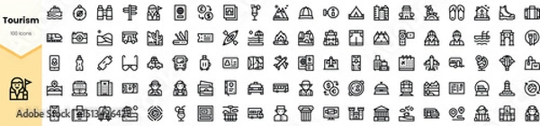 Fototapeta A diverse collection of line icons representing various aspects of tourism, showcasing essential travel elements and cultural landmarks in a minimalistic design.