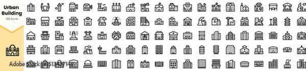 Fototapeta A diverse collection of urban building icons, featuring a variety of architectural styles and designs in a clean, minimalist outline style.