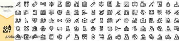 Fototapeta A comprehensive collection of vaccination-related icons featuring diverse symbols such as syringes, medical charts, and health symbols in sleek line art style.