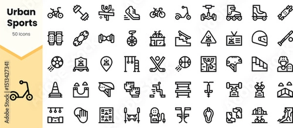 Fototapeta A diverse collection of icons representing various urban sports, including cycling, skateboarding, and rollerblading, depicted in a minimalistic black outline style.