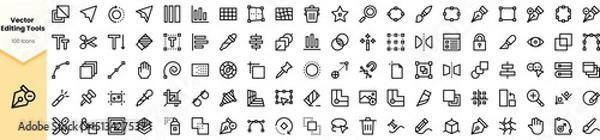 Fototapeta An array of sleek and minimalistic vector editing tools, featuring various icons for design and editing tasks, presented in a clean black style.