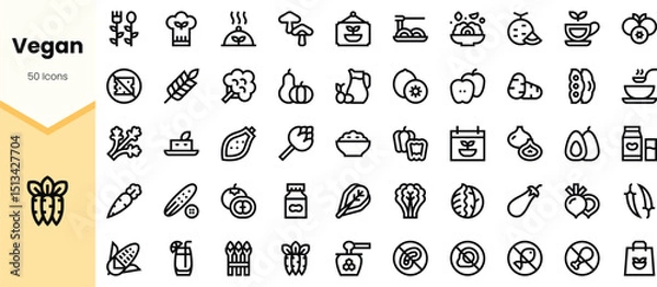 Fototapeta A collection of minimalist black icons representing vegan food and lifestyle, including vegetables, cooking tools, and beverages, perfect for plant-based themes.