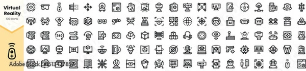 Fototapeta A comprehensive collection of monochrome virtual reality icons, showcasing various elements like headsets, controllers, and user interfaces in a modern and minimalist style.