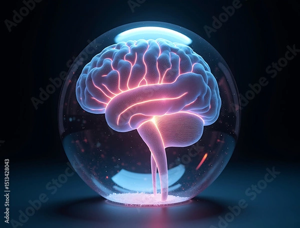 Obraz An AI Brain Formed from Pulsing Holographic Filaments Suspended in a Transparent Sphere, Each Thought a Colorful Flash of Light, Symbolizing Digital Intelligence, AI-generated