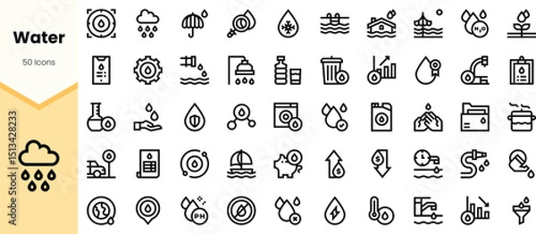 Obraz A diverse collection of water-related icons in a minimalist design, representing various concepts like conservation, rain, and purification with a light color scheme.