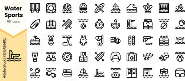 Fototapeta A collection of black icons representing various water sports, including surfing, swimming, and kayaking, perfect for sports enthusiasts and graphic design.
