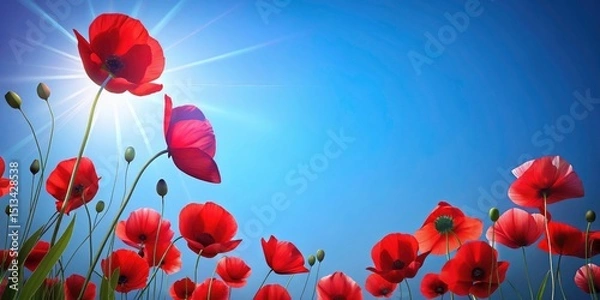Fototapeta Memorial Day Poppy Tribute: Blue Sky Vertical Banner, Commemorative Design, Patriotic Image, Remembrance Day, Red Poppies Background