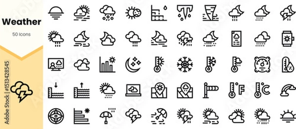 Fototapeta A collection of minimalist weather icons, showcasing various weather conditions from sunny to stormy, perfect for enhancing digital applications and designs.