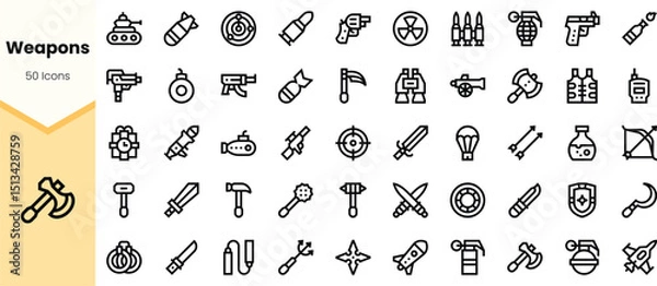 Fototapeta A collection of line icons representing various weapons, including guns, bombs, and shields, showcasing a modern design suitable for graphic use.