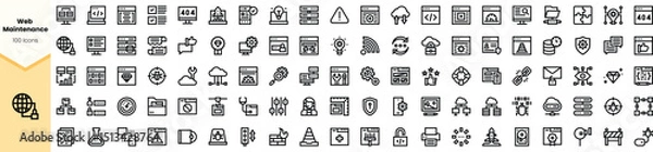 Fototapeta A collection of sleek web maintenance icons, perfect for digital design projects, showcasing various elements like security, data analysis, and communication.
