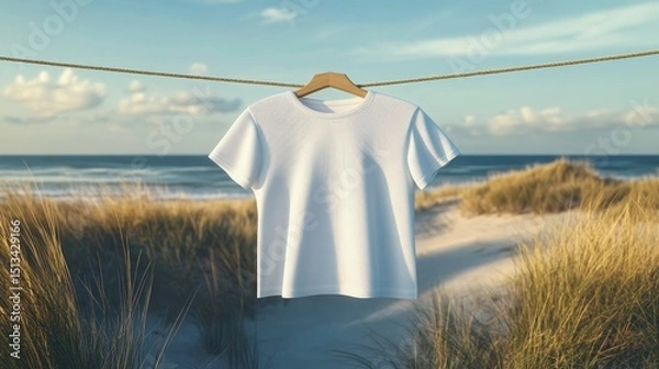 Fototapeta A white t-shirt hangs on a clothesline against a backdrop of a beach and dunes. AI.