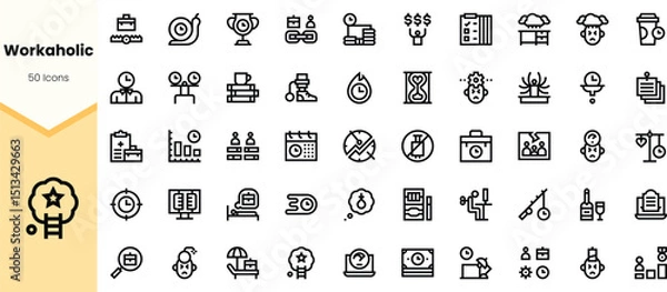 Fototapeta A collection of minimalist line icons representing work-related themes, including productivity, finance, teamwork, and technology, all designed for modern use.