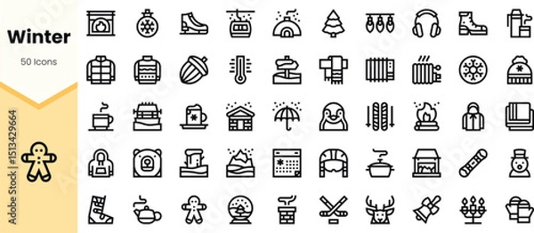 Fototapeta A collection of winter-themed icons, featuring snowflakes, holiday items, and cozy elements, ideal for seasonal designs and illustrations.