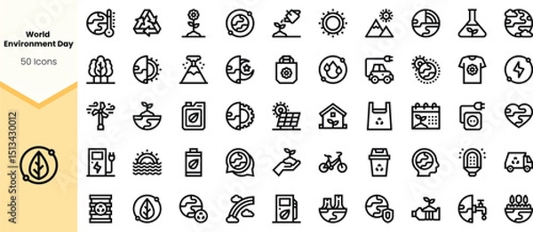 Fototapeta A collection of sleek, black line icons representing World Environment Day, showcasing themes like nature, sustainability, and renewable energy for ecological awareness.