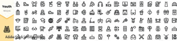 Fototapeta A collection of youth-related icons showcasing diverse interests including technology, music, sports, and leisure. Perfect for vibrant, youthful designs.