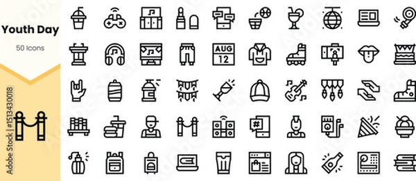 Fototapeta A collection of minimalist icons representing Youth Day themes, including music, gaming, sports, and celebration elements.