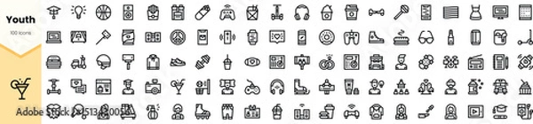 Fototapeta A diverse collection of black icons representing youth activities, interests, and lifestyle including sports, music, technology, and social gatherings.