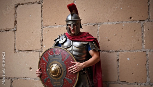 Fototapeta Roman Soldier in Armor Standing Before Ancient Wall, Historical Warrior, Legionnaire, Battle-Ready, Helmet with Red Plume, Shield, Copyspace