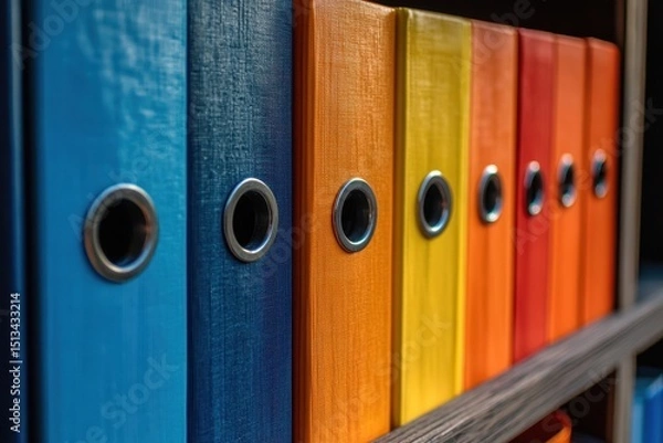 Fototapeta Colorful ring binders are neatly arranged on a shelf in a row. Illustrates organization, paperwork, archiving documents, and office supplies.