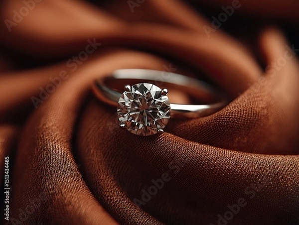 Fototapeta Sparkling solitaire diamond ring. Classic design on a satin fabric background. Close-up shot.