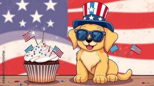 Obraz Patriotic Puppy Celebrates Independence Day with Festive Cupcake A 4th of July Illustration