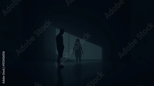 Obraz Silhouette of a Man and Woman in a Dark, Mysterious Room A Study in Shadow and Light