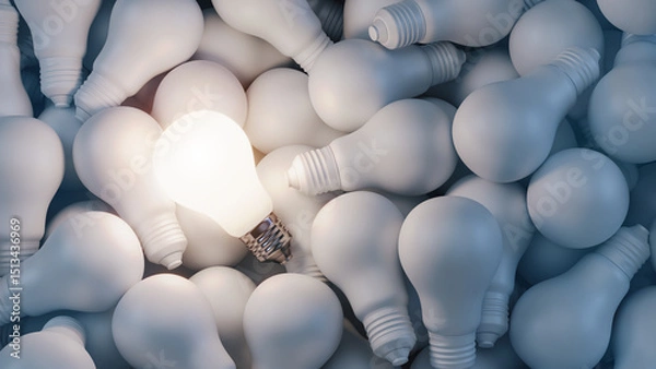 Obraz One lit light bulb among dark light bulbs - Creative idea, leadership, think different concept. 3d rendering