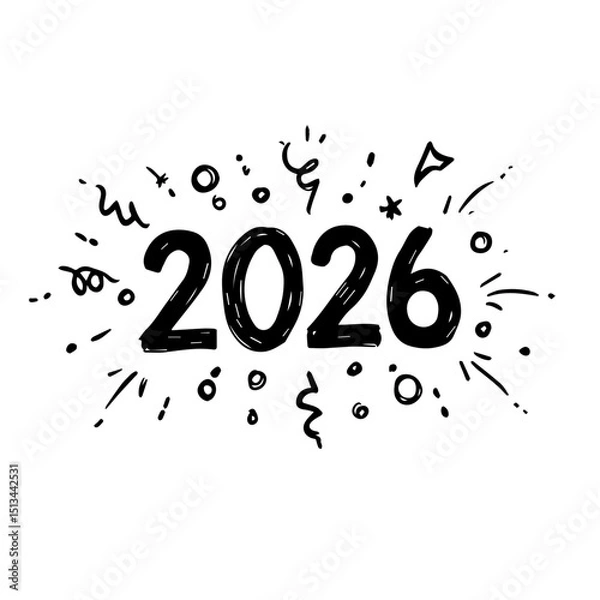Fototapeta Festive 2026 New Year design with hand-drawn numbers and celebratory doodles.  New Year 2026 illustration features unique hand-drawn style and playful confetti.  Perfect 2026 New Year design 