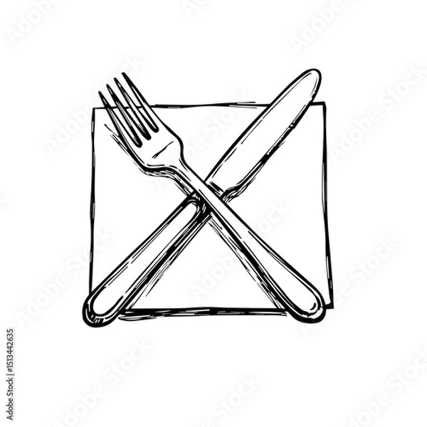 Fototapeta Elegant cutlery set on napkin. Fork and knife crossed on white square napkin. Simple illustration perfect for restaurant menus. This stylish design is ideal for 2026 year of the fire horse themed new