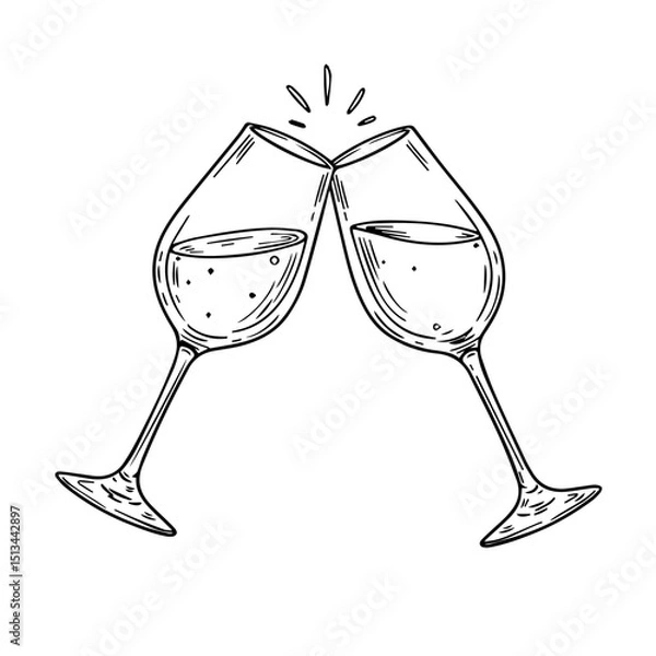 Fototapeta Sparkling champagne flutes clinking in celebratory toast. Elegant line art illustration of two champagne glasses filled with bubbly drink. Perfect image for new year or christmas cards, kitchen decor