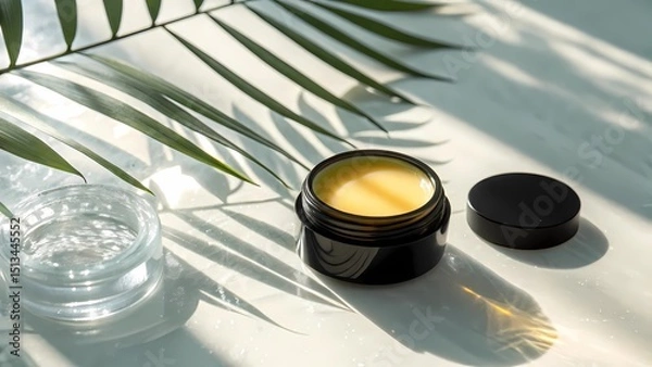 Fototapeta Yellow Lip Balm in Matte Black Jar on Frosted Glass in Sunlight