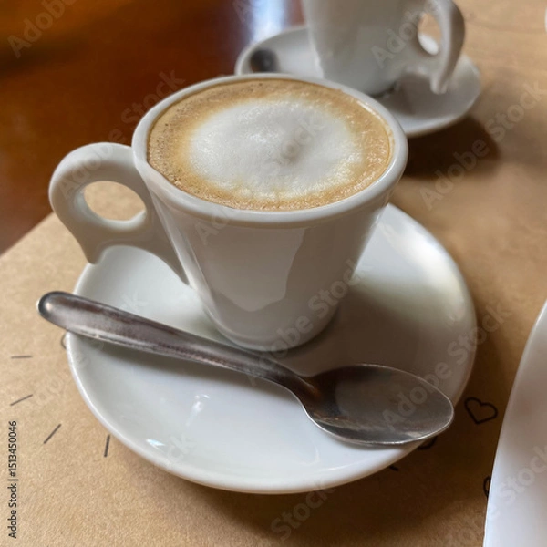 Fototapeta A classic extended espresso with milk, served in a elegant white cup on a matching saucer with a spoon. The creamy texture of the milk and the rich color of the coffee are highlighted.