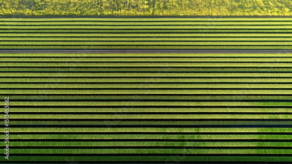 Obraz Aerial view of striped green farmland in rows during daylight  