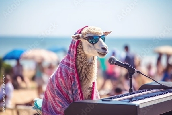 Fototapeta Portrait Sheep Beach with Microphone Celebrating Eid al-Adha