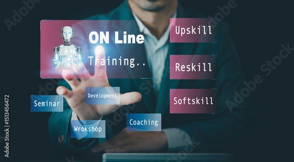 Obraz Online training platform, virtual learning solutions, Employee reskill, upskill, soft skill training, Adoption of AI technology strategy, enhancing business capabilities, Layoff workforce retraining