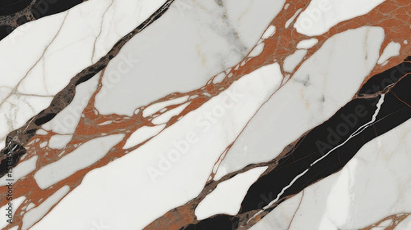 Fototapeta Full-frame 2D statuario and noir saint laurent marble fusion slab with clean white intersected by orange veins.