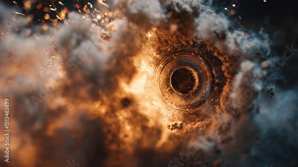 Obraz High-speed bullet flying through intense flames and smoke creating dramatic explosive motion blur effects