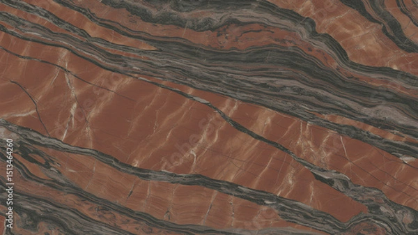 Fototapeta Full-frame 2D polished rainforest brown marble slab with natural reddish wood-like patterns.