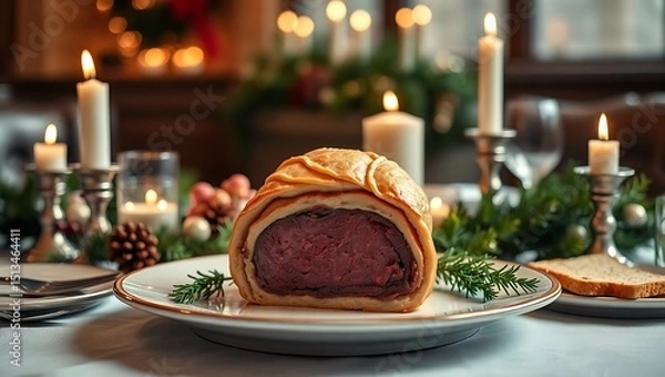 Obraz Beef Wellington centerpiece on a festive dining table with candles and greenery, soft ambient light, winter holiday aesthetic, perfect golden crust, dramatic shadows