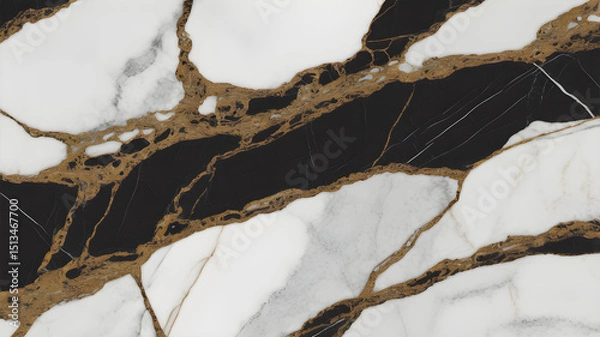 Fototapeta Full-frame 2D panda white and portoro marble hybrid slab, black and gold intersecting on white.