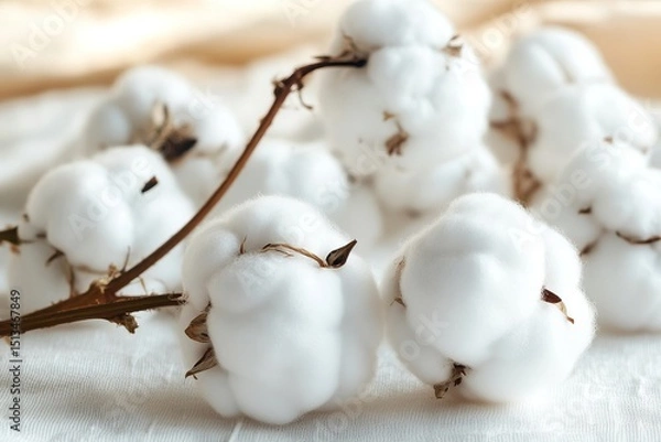 Fototapeta Soft natural cotton bolls on branches with clean white background