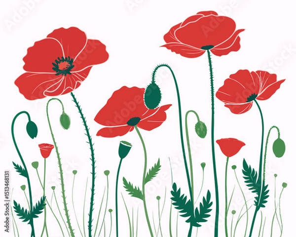 Obraz Create a bold vector illustration of a vibrant poppy field, emphasizing strong outlines and saturated colors.  Focus on detailed flower shapes.